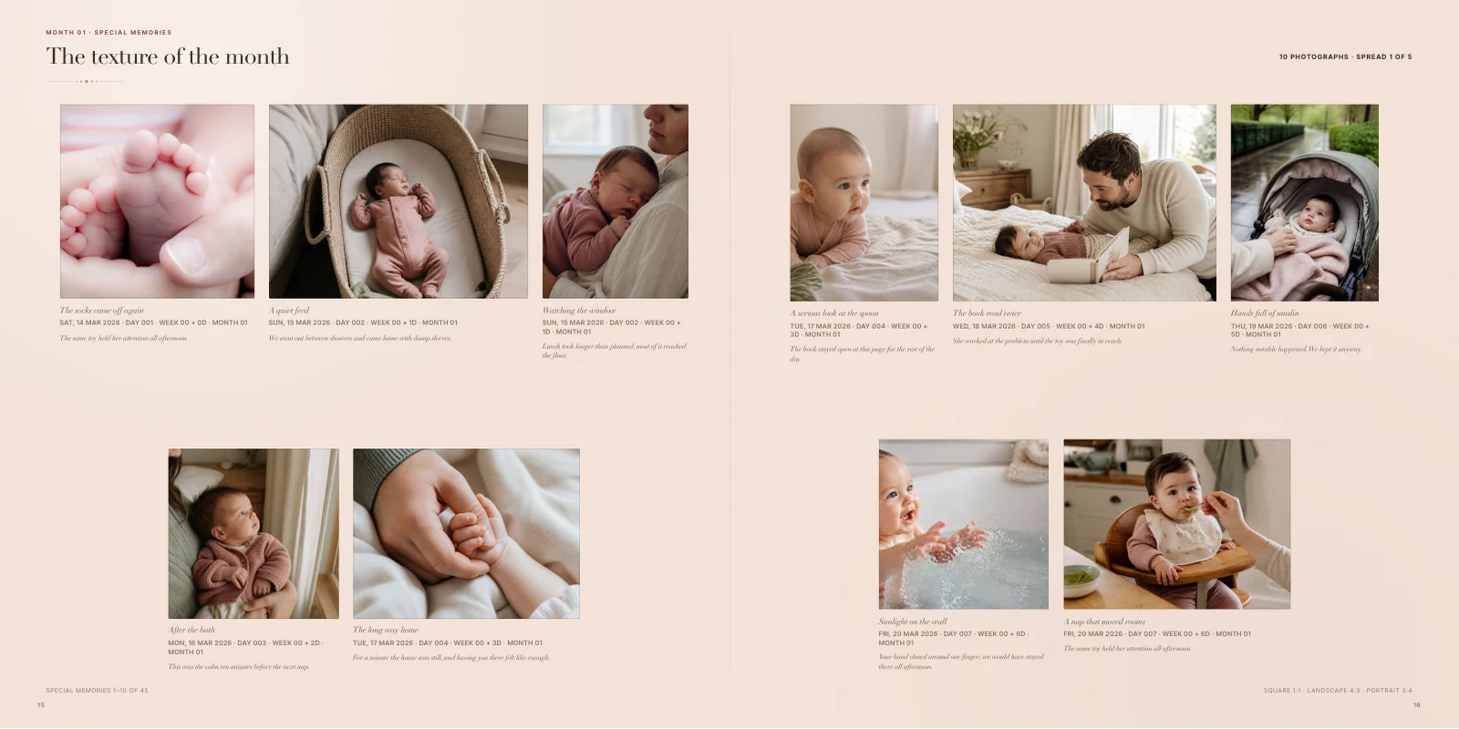 A populated sample photobook spread, The texture of the month, with ten family photographs and written memories.