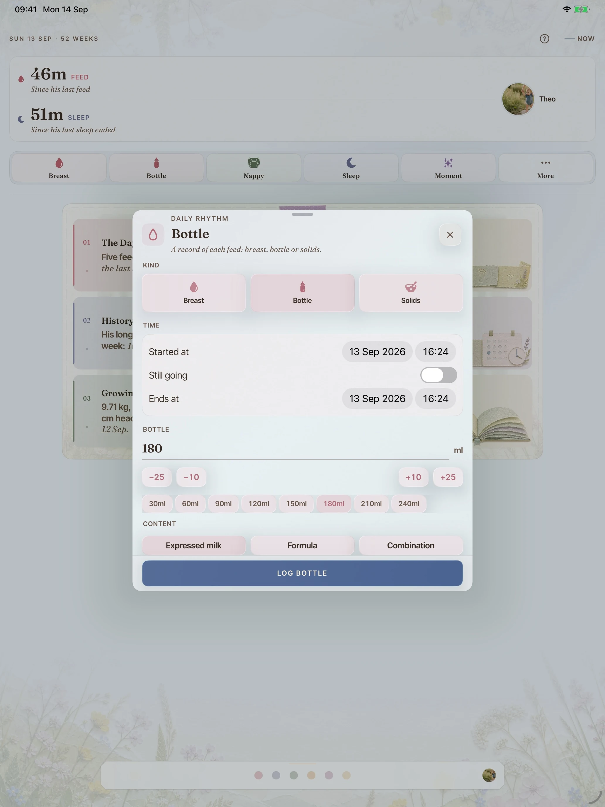 BloomBook on iPad: the bottle logger with amount choices, timing and feeding details.