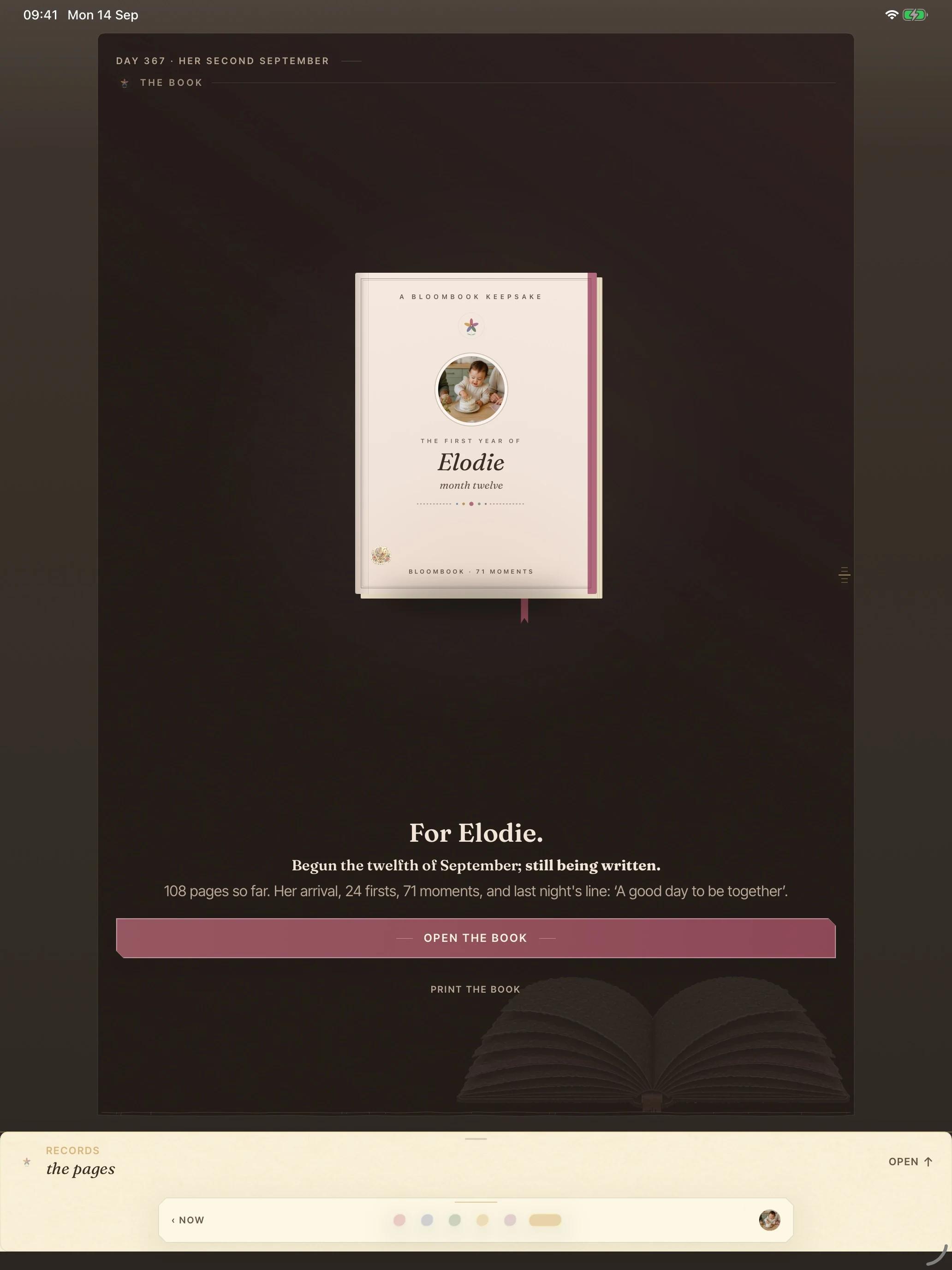 BloomBook on iPad: the keepsake cover for Elodie with an Open the Book button.
