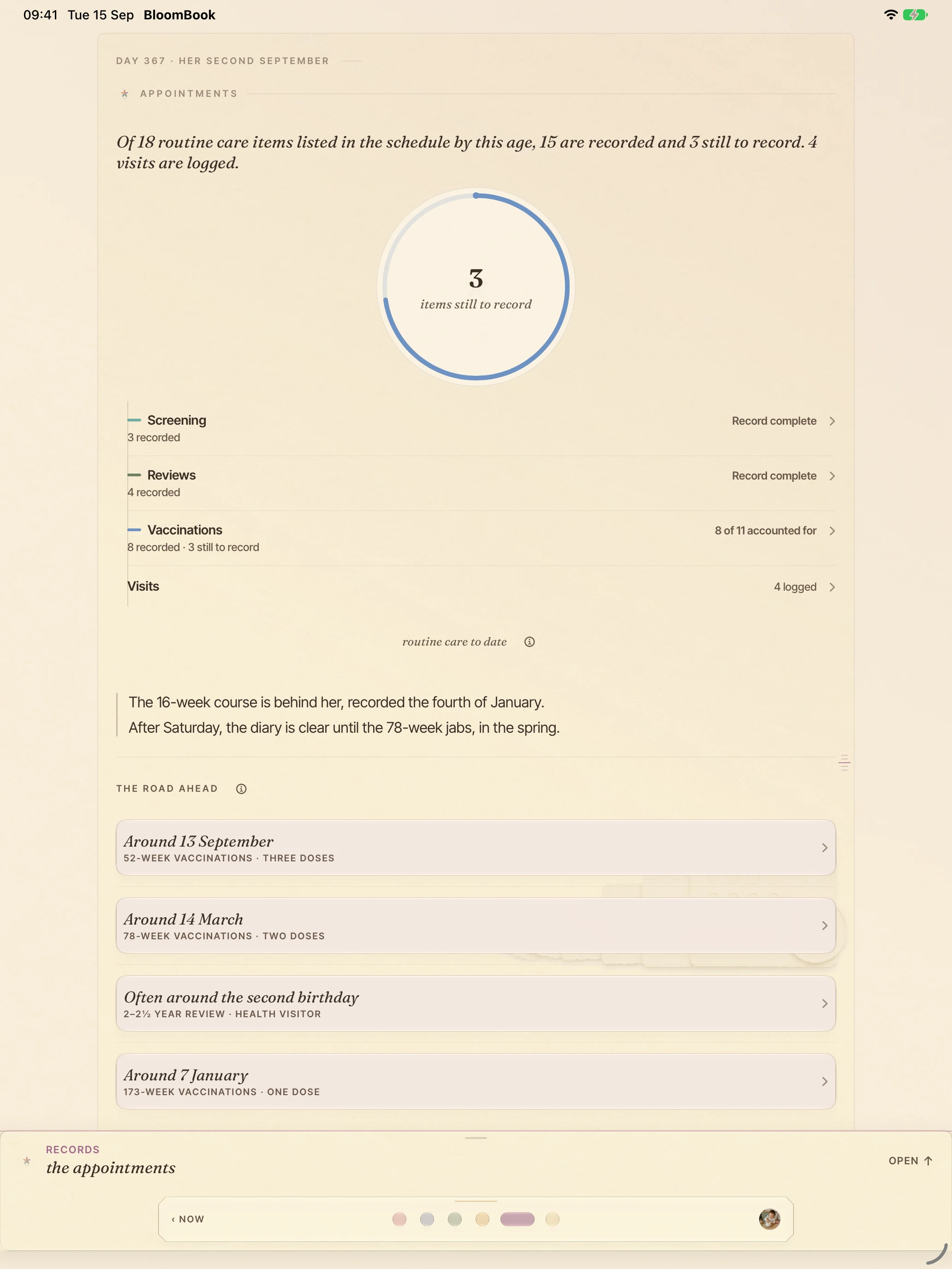 BloomBook on iPad: the Appointments page with care records and three items still to record.