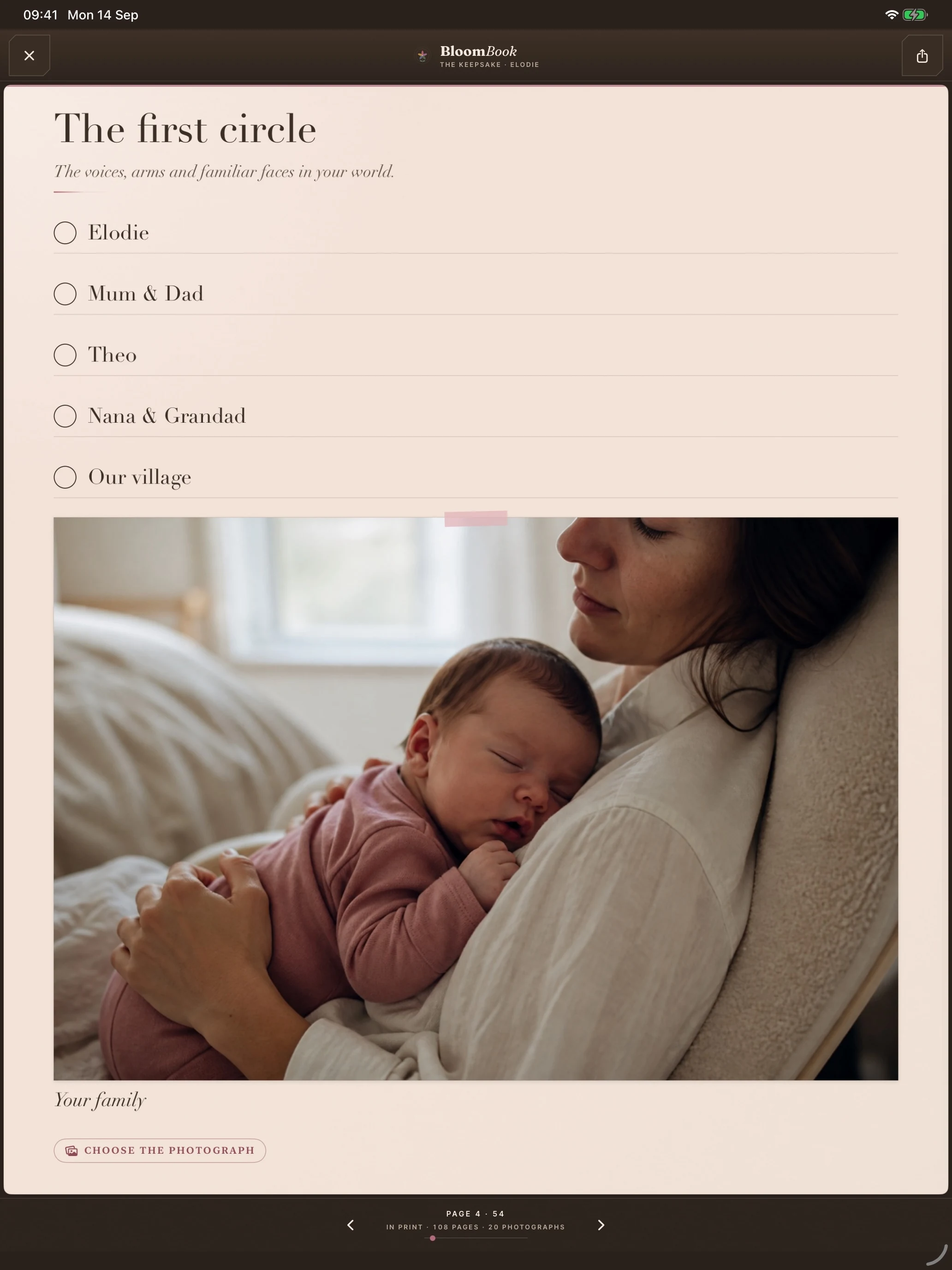On iPad, a BloomBook family spread titled The first circle, with family names and a photograph.