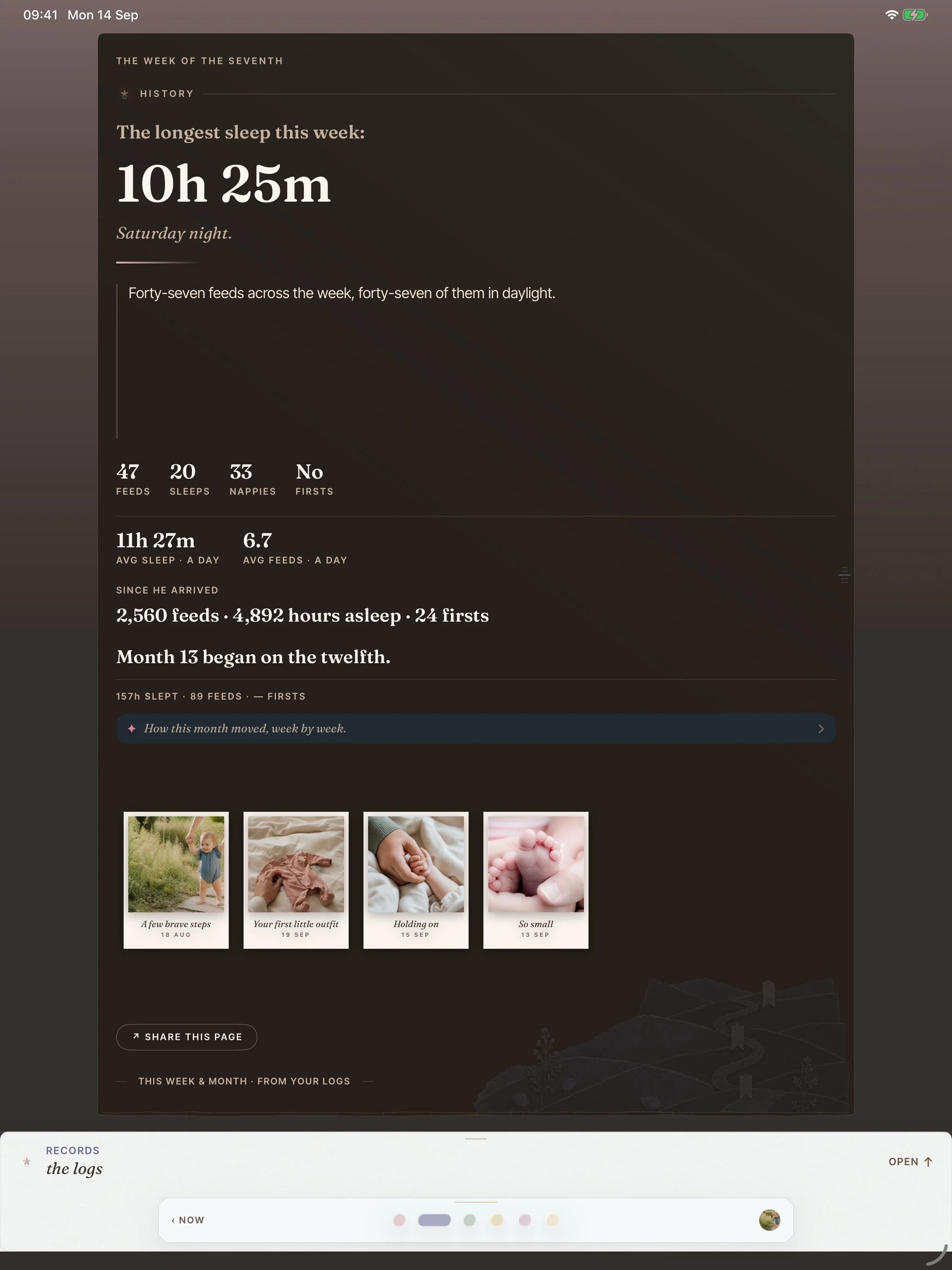 BloomBook on iPad: the Week page showing a longest sleep of 10h 25m and weekly feed and sleep totals.