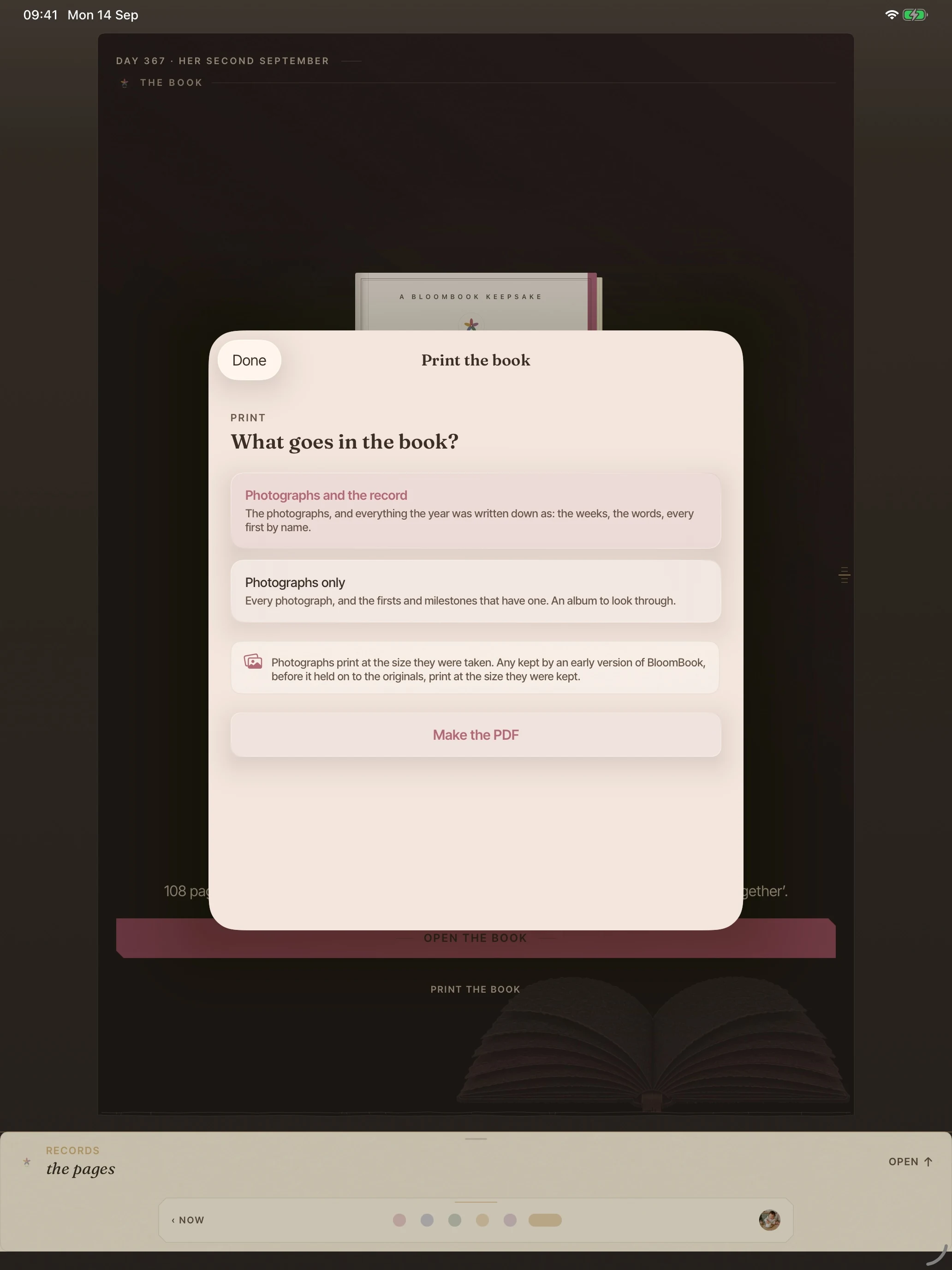 BloomBook on iPad: the Print the book sheet explaining what goes into the book and offering Make the PDF.