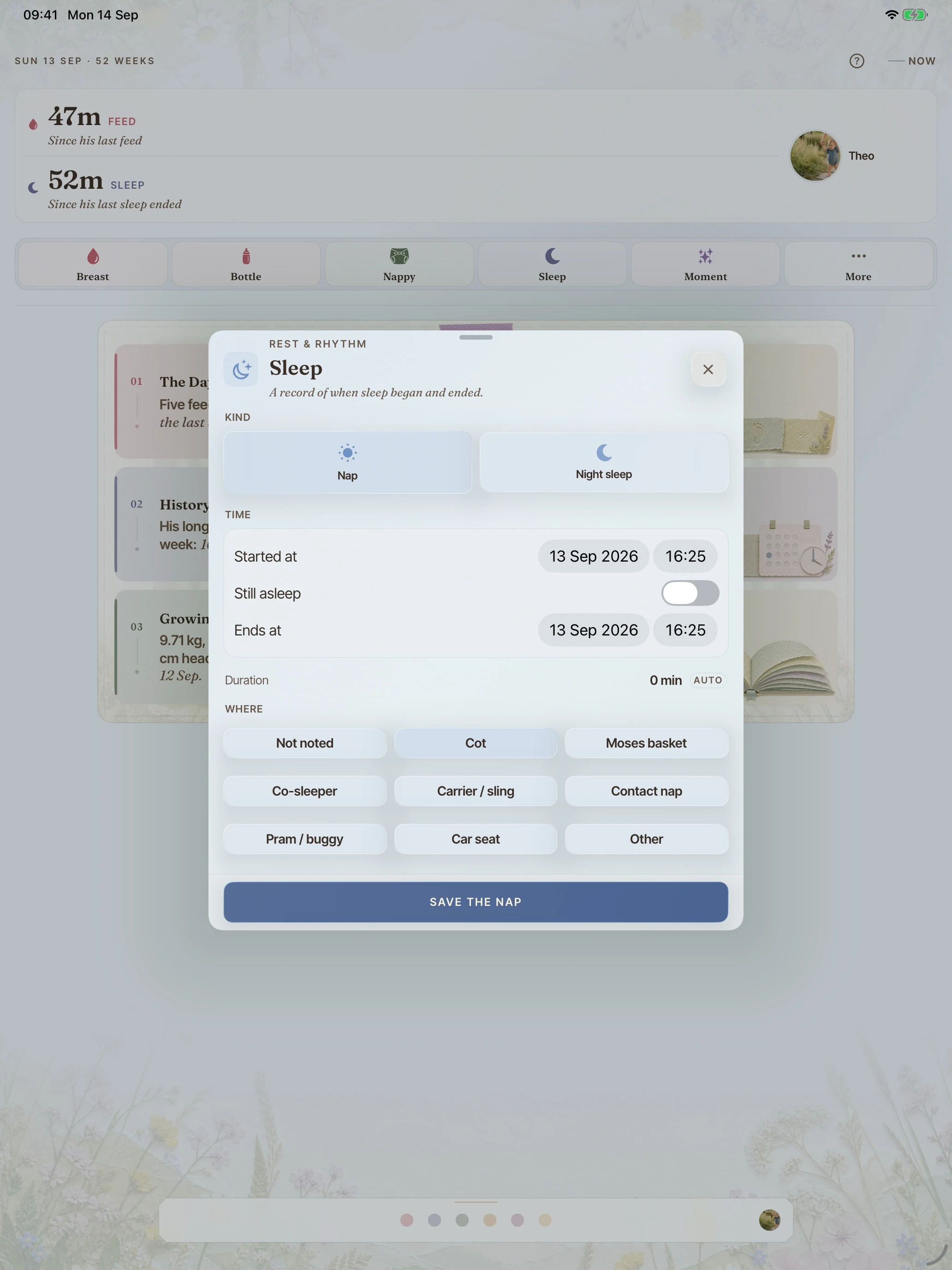 BloomBook on iPad: the sleep logger with day or night, times and sleep details.