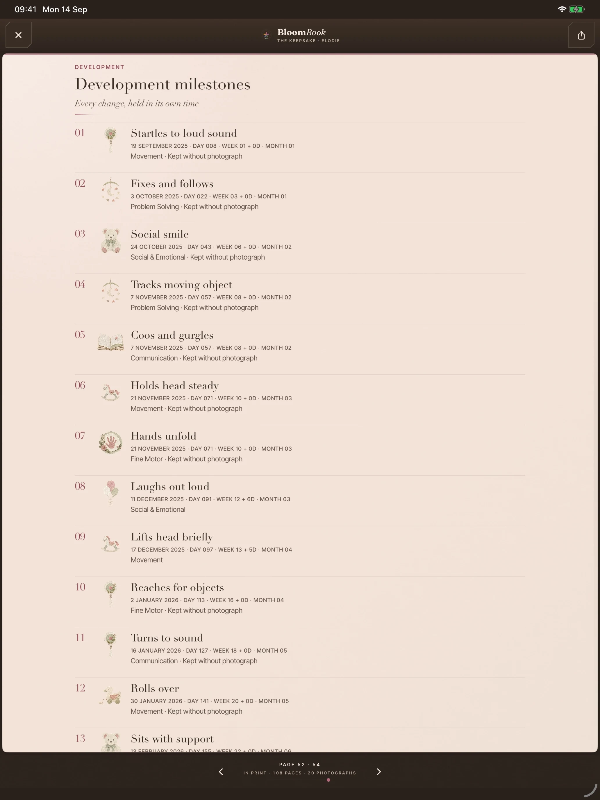 On iPad, the Development milestones spread in BloomBook’s keepsake reader.