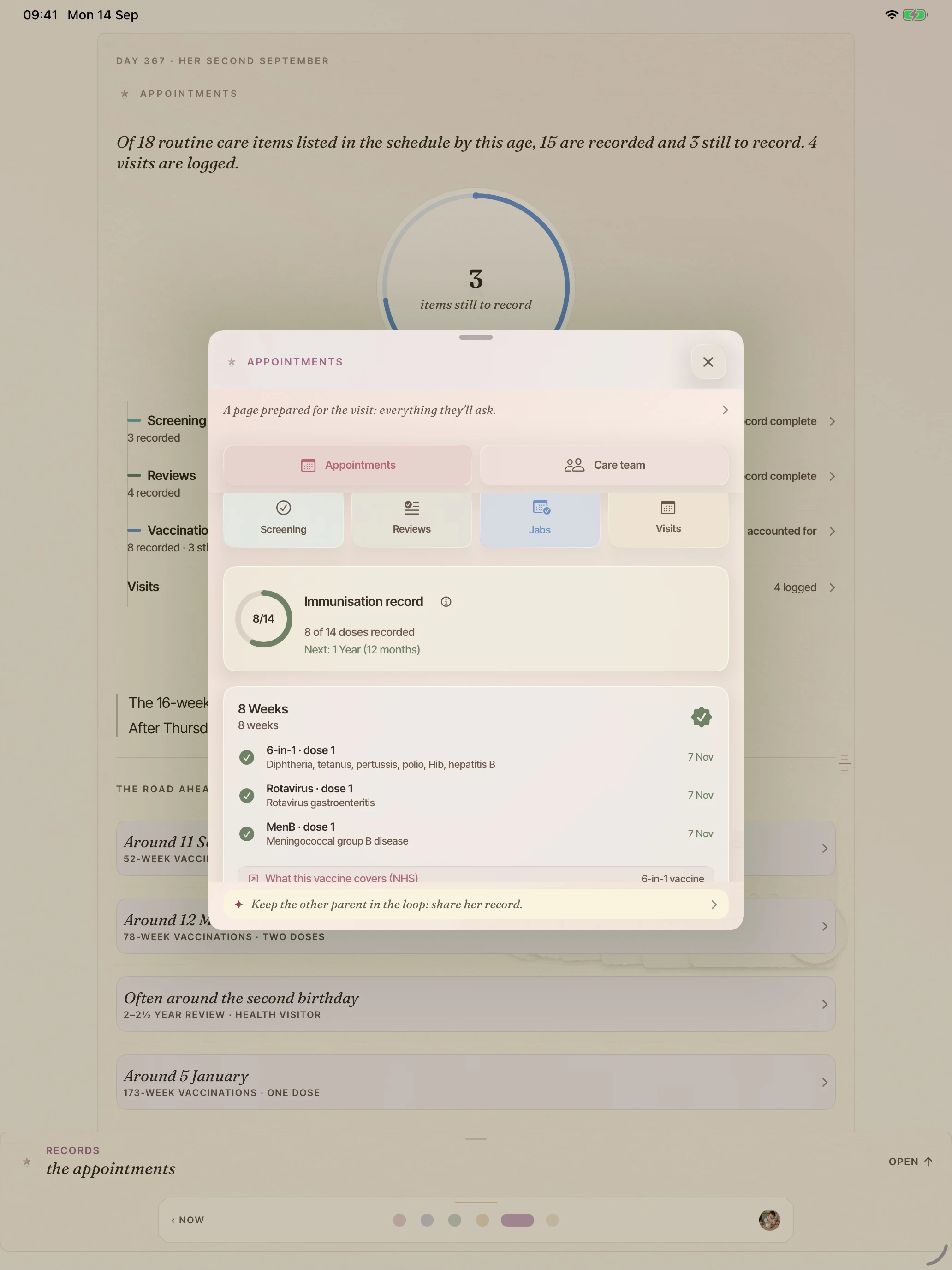 BloomBook on iPad: the vaccination records with appointment dates and recorded details.