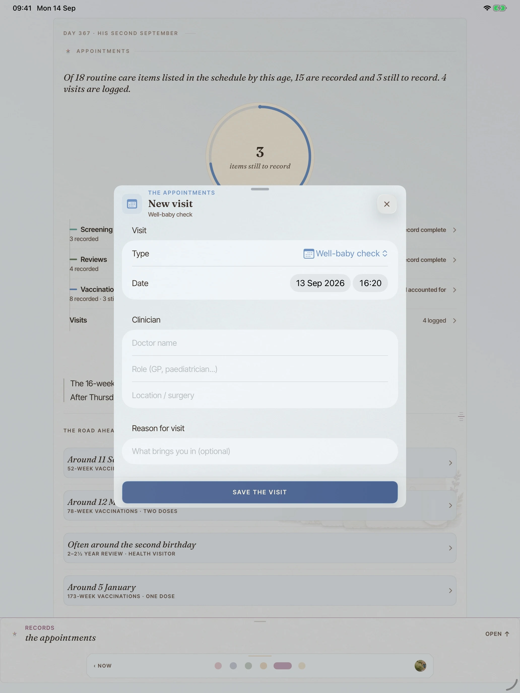 The BloomBook New visit sheet on iPad, with clinician, reason, notes and measurement fields.