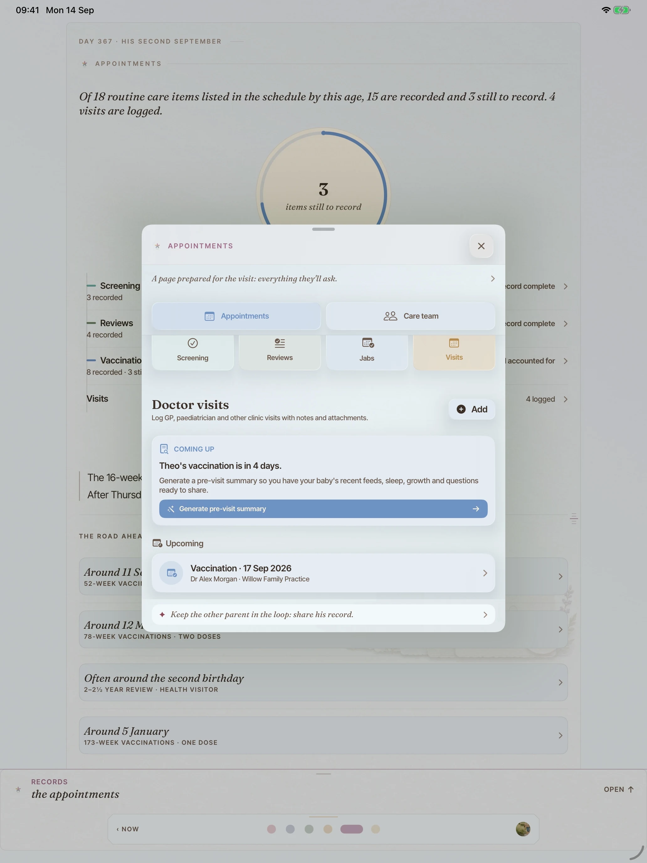 The BloomBook Doctor visits page on iPad, with a Generate pre-visit summary button and appointment records.