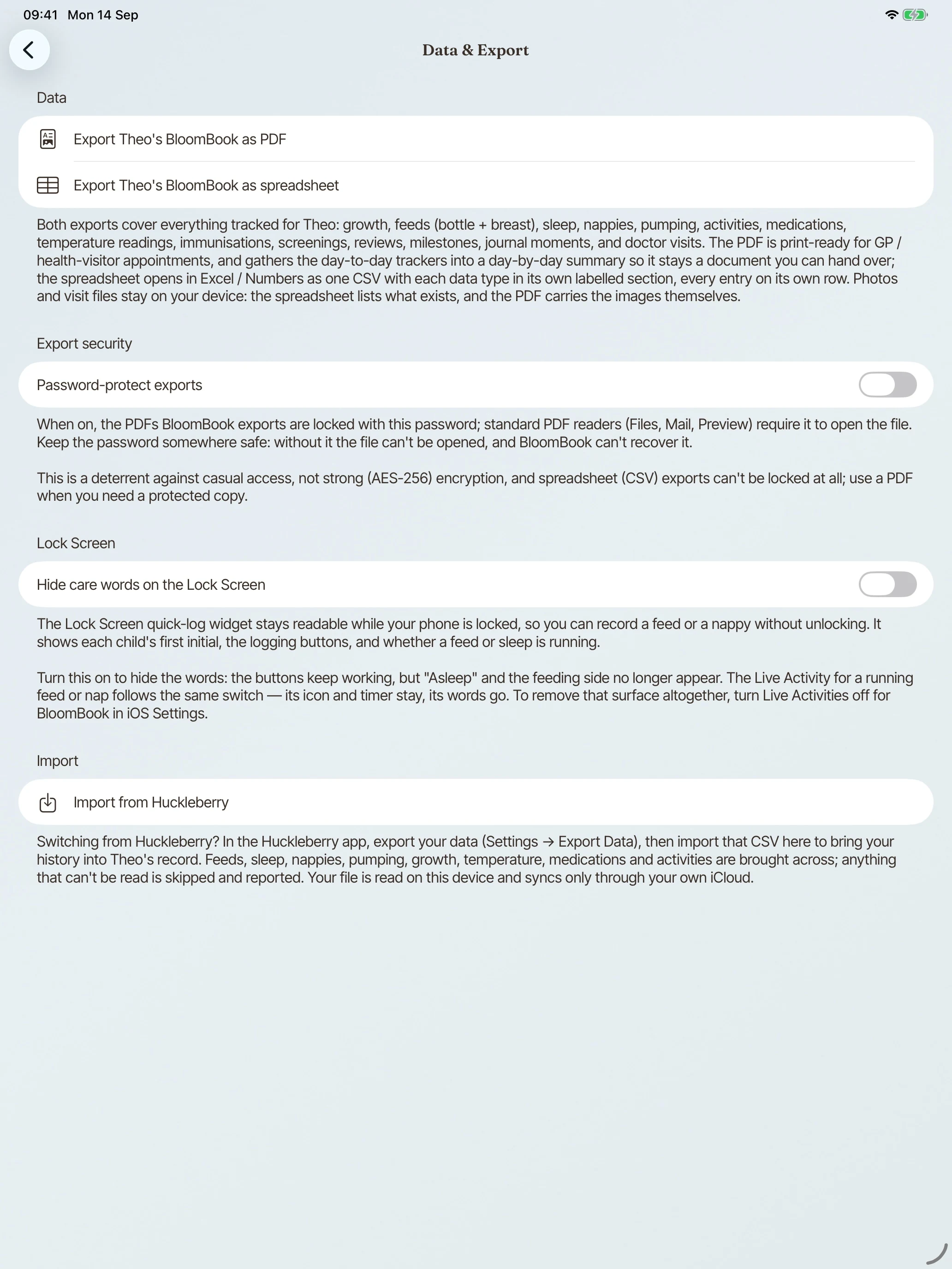 On iPad, BloomBook Data & Export settings with PDF and spreadsheet export options.