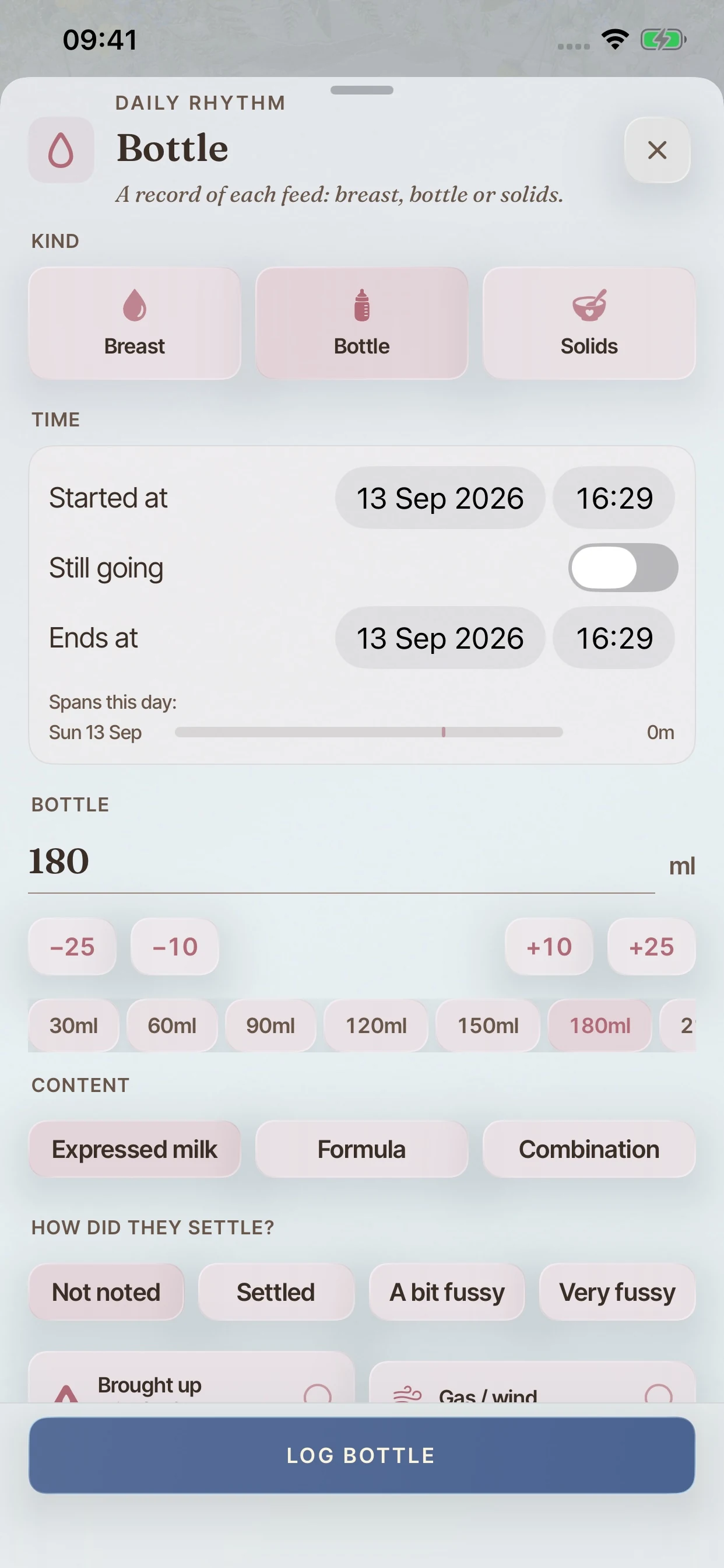 The full BloomBook bottle logger with time, amount and feeding details.