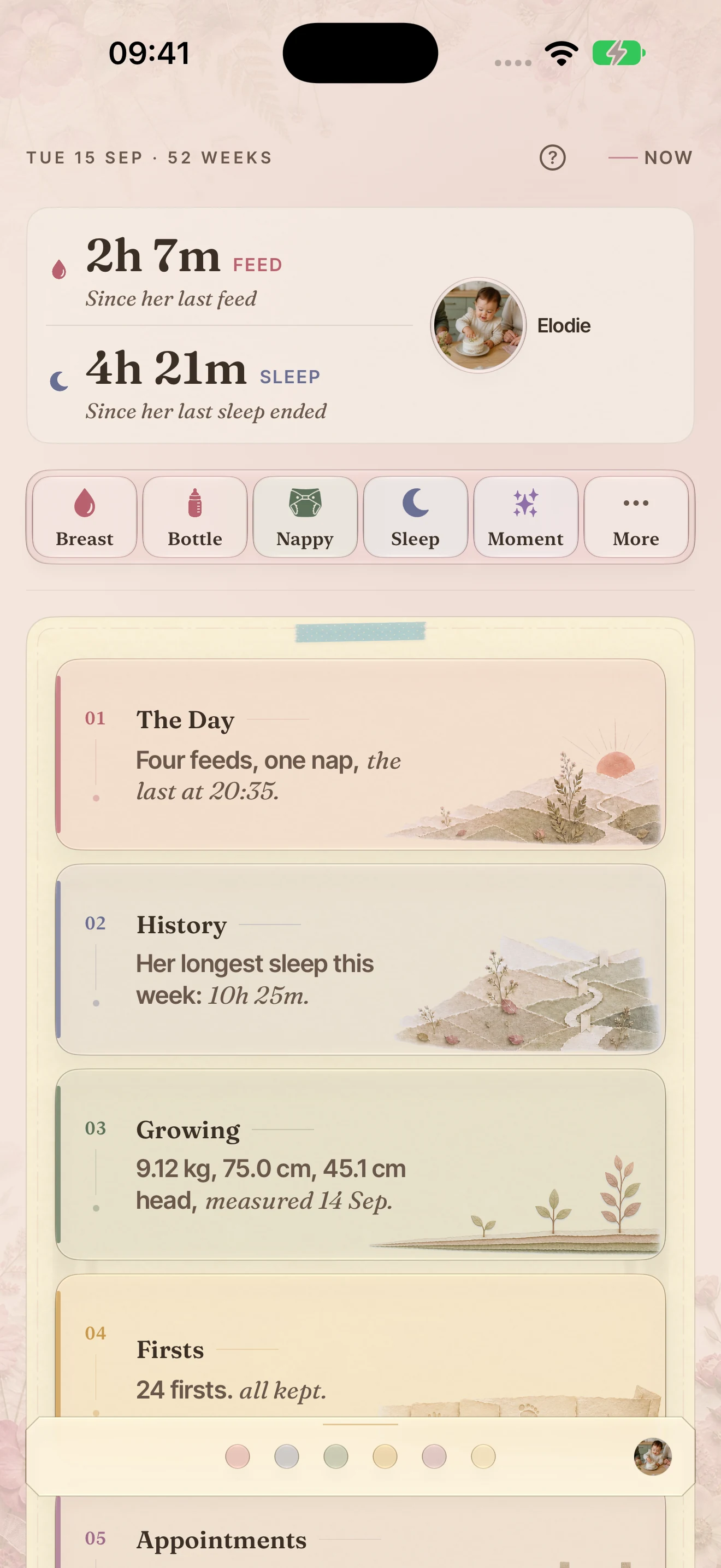The BloomBook Now page with the Day, History, Growing and other chapter cards.