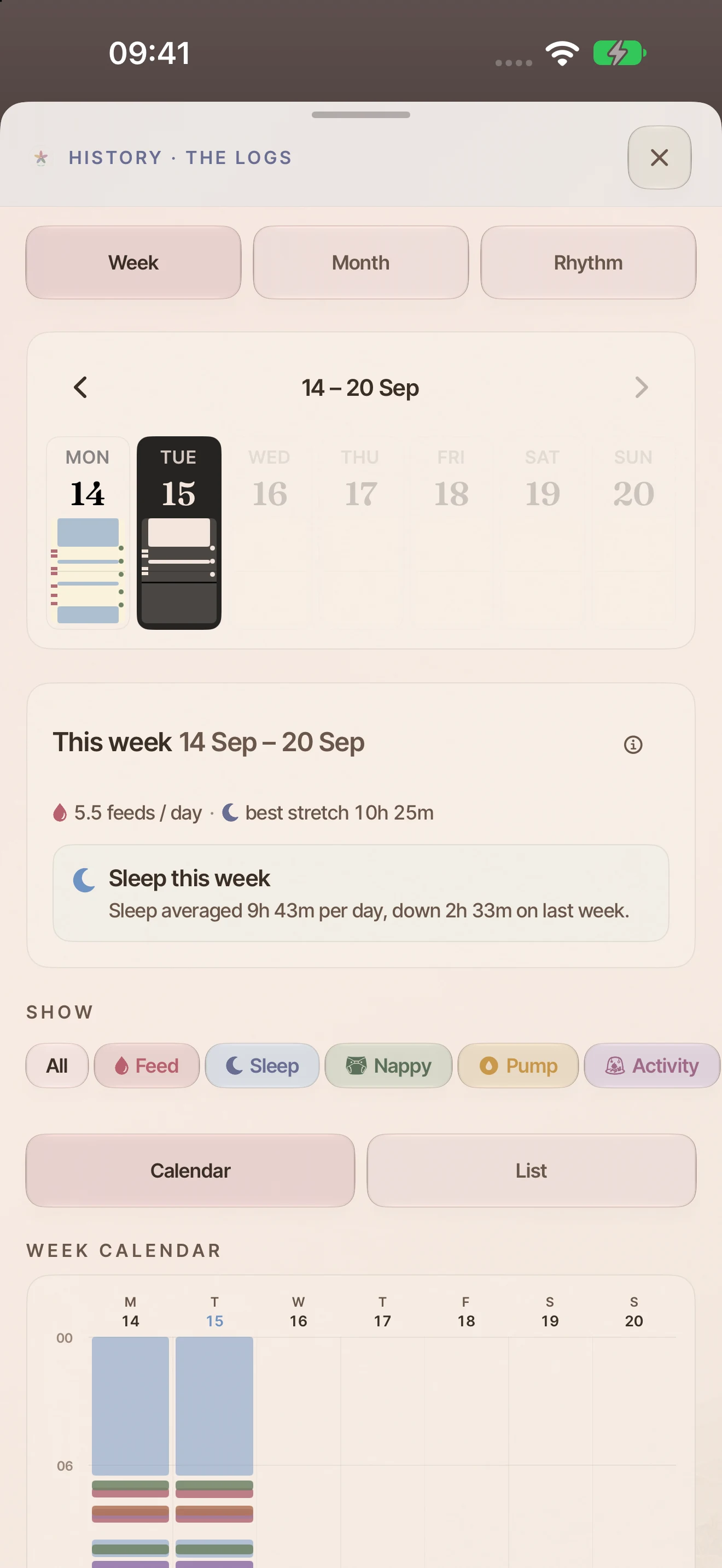 BloomBook’s History week view showing the calendar of recorded feeds and sleep.