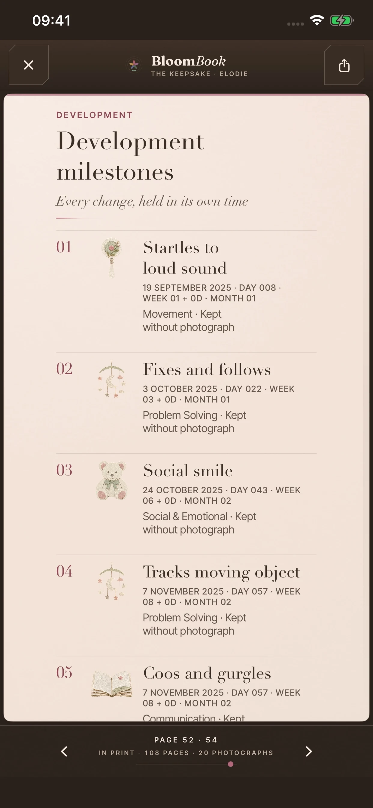 The Development milestones spread in BloomBook’s keepsake reader.