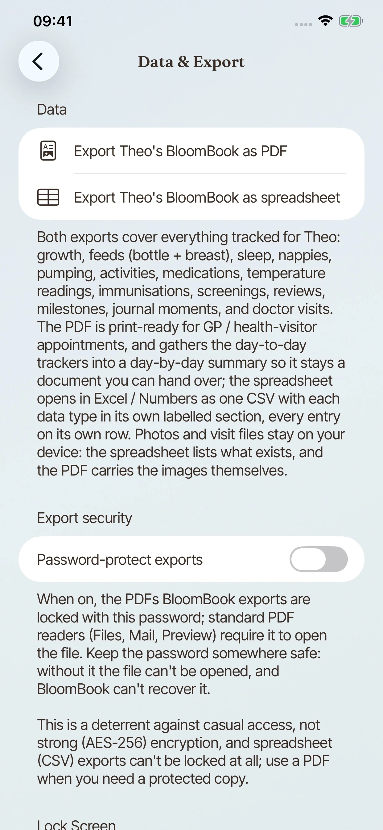 BloomBook Data & Export settings with a spreadsheet export option.