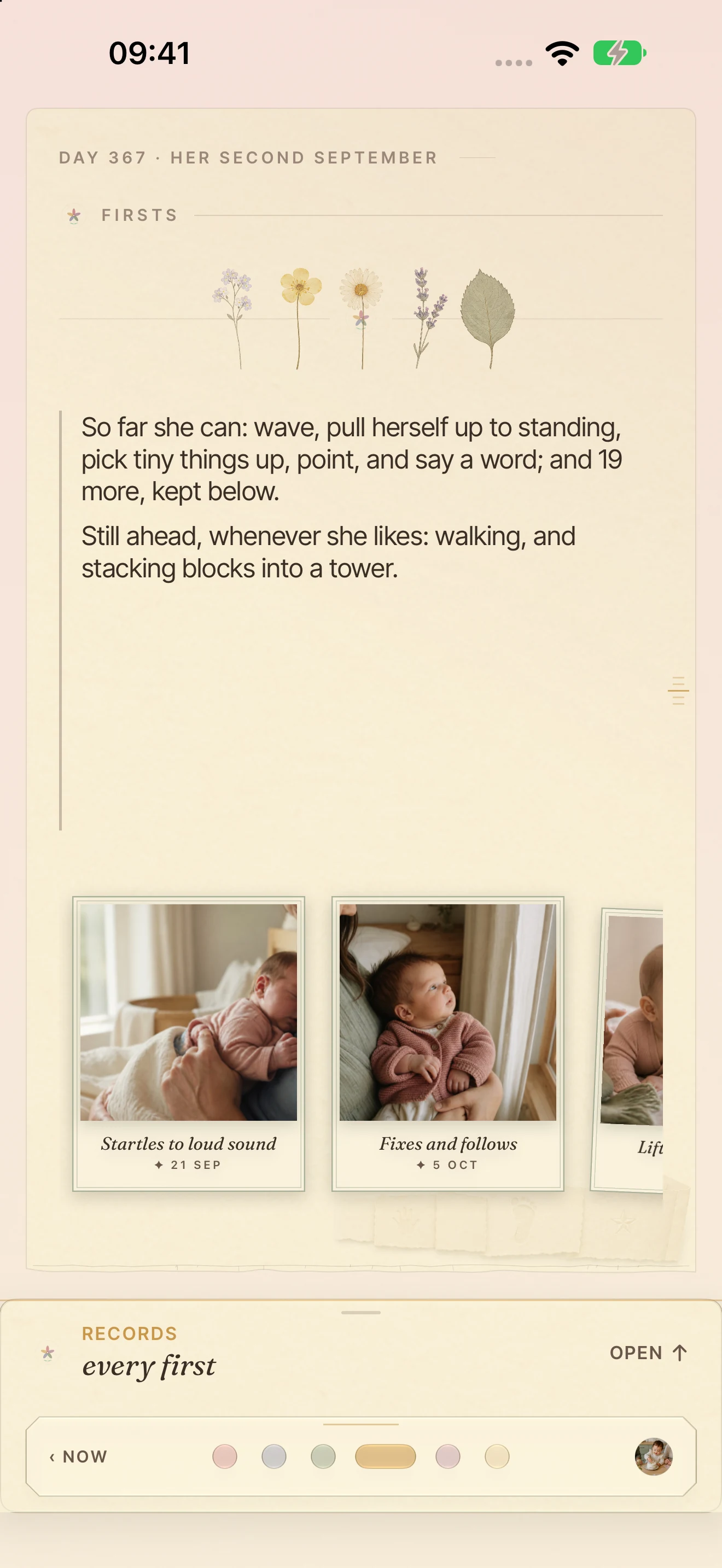 Photographs kept alongside recorded milestones on the Firsts page.