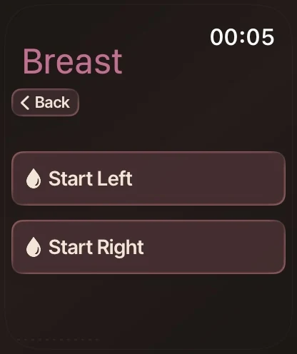 The Apple Watch breast-feed logger ready to start the left or right side.