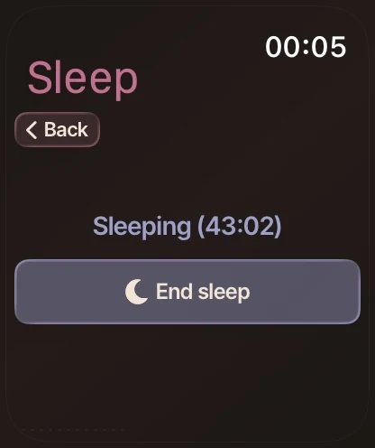 The Apple Watch sleep timer running with an End sleep button.