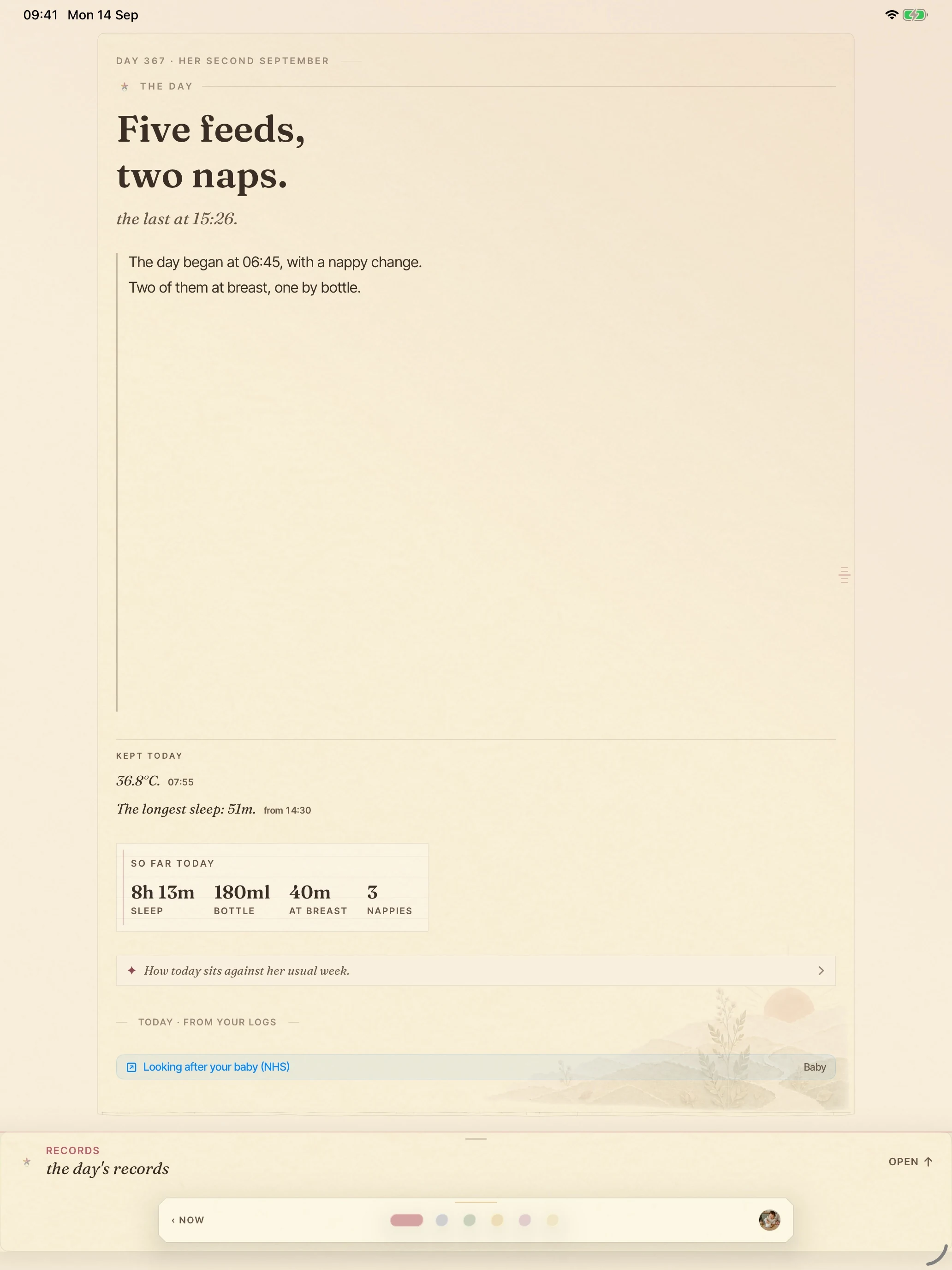 BloomBook on iPad: the Day page showing five feeds, two naps and the day’s record.