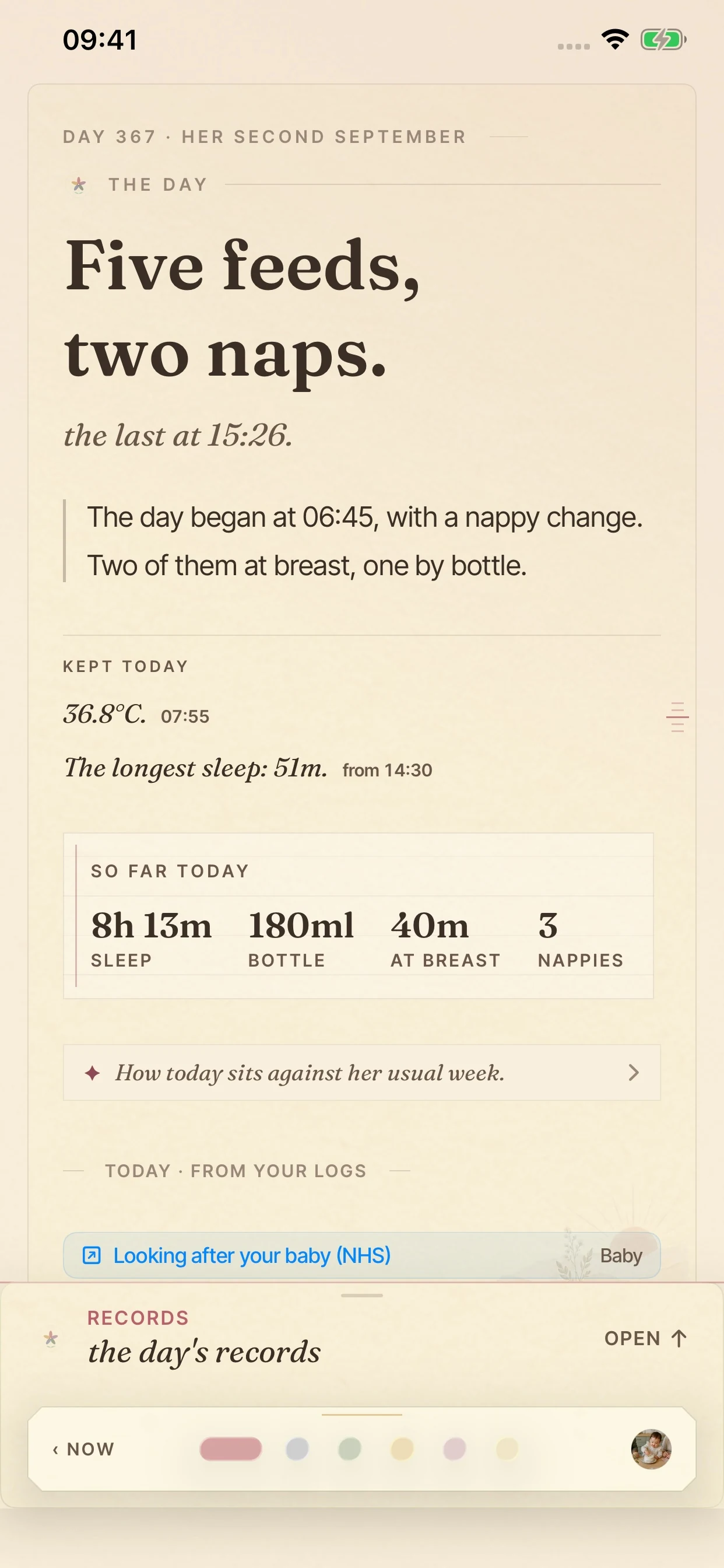 The BloomBook Day page showing five feeds, two naps and the day’s record.
