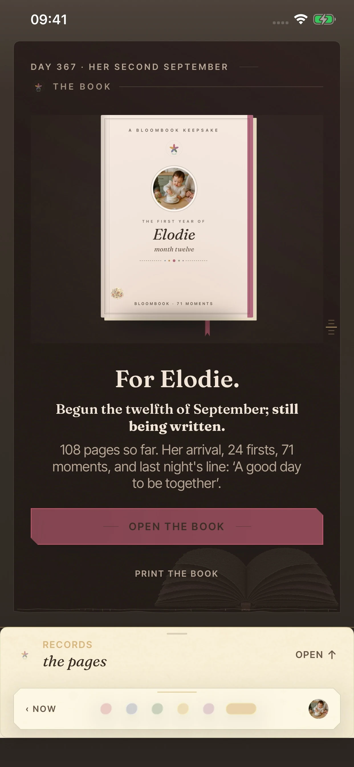 The current BloomBook app showing Elodie’s keepsake cover and its Open the Book and Print the Book options.