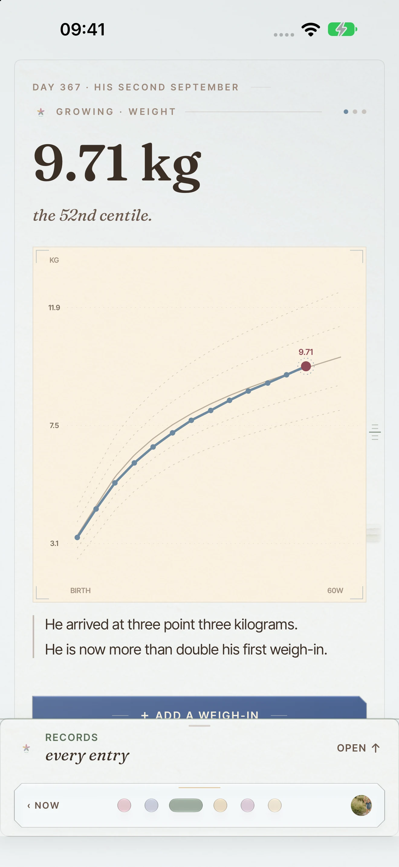 The BloomBook Growing page with a weight of 9.71 kg plotted on the growth curve.