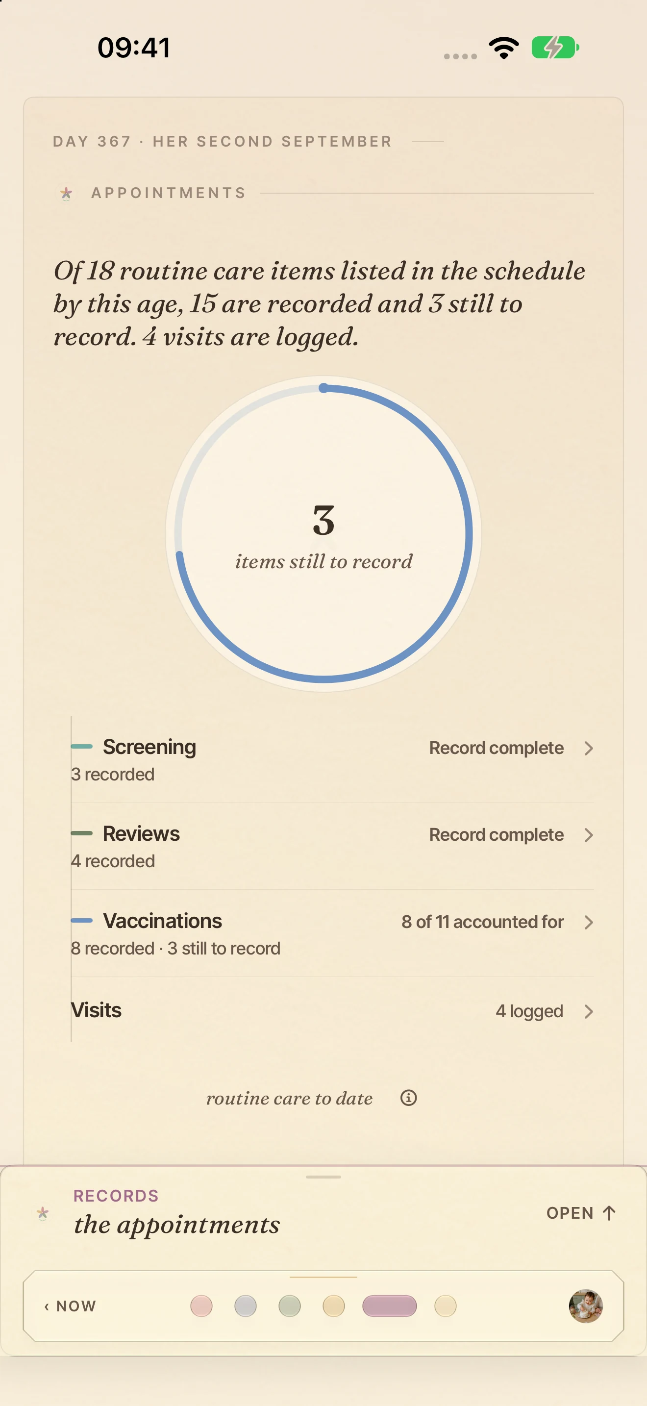 The BloomBook Appointments page with care records and three items still to record.