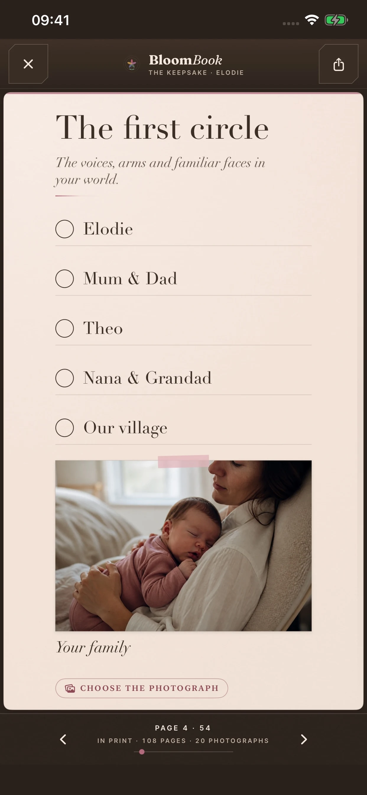 A BloomBook family spread titled The first circle, with family names and a photograph.