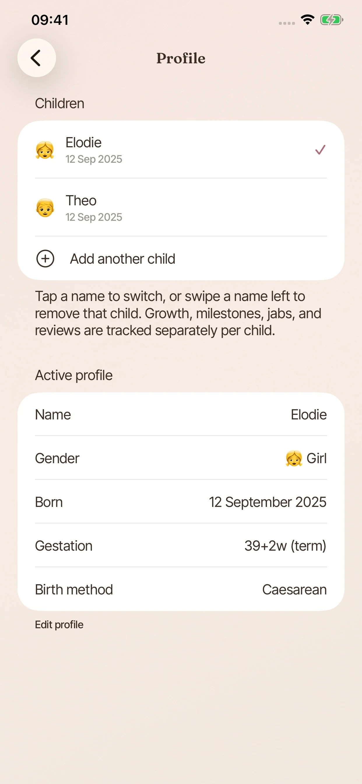 The BloomBook Profile page listing Elodie and Theo and an option to add another child.
