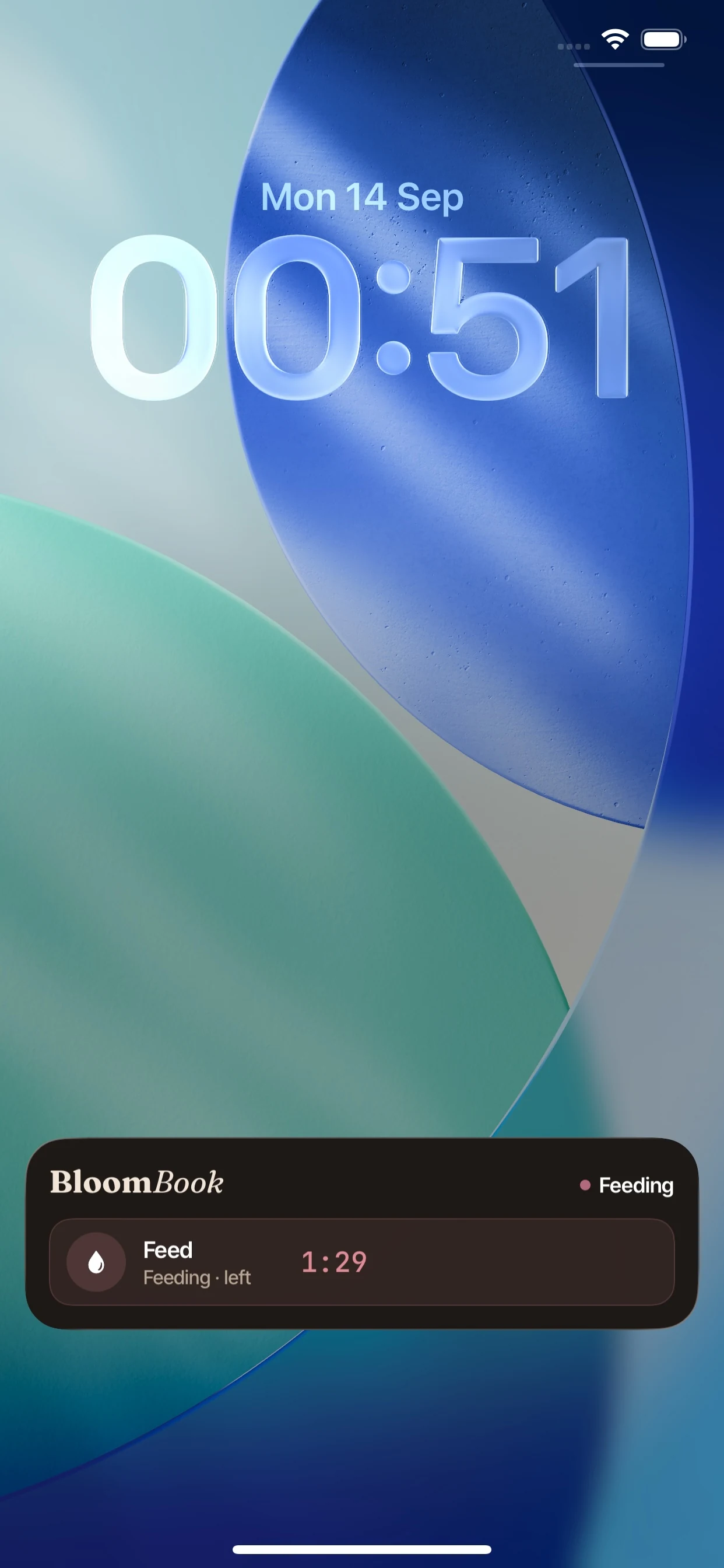 BloomBook’s Lock Screen Live Activity showing a left-side breast feed timing live.