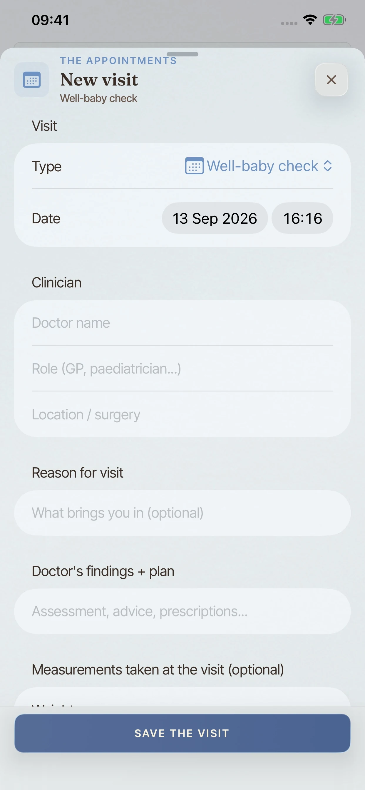 The BloomBook New visit sheet on iPhone, with clinician, reason, notes and measurement fields.