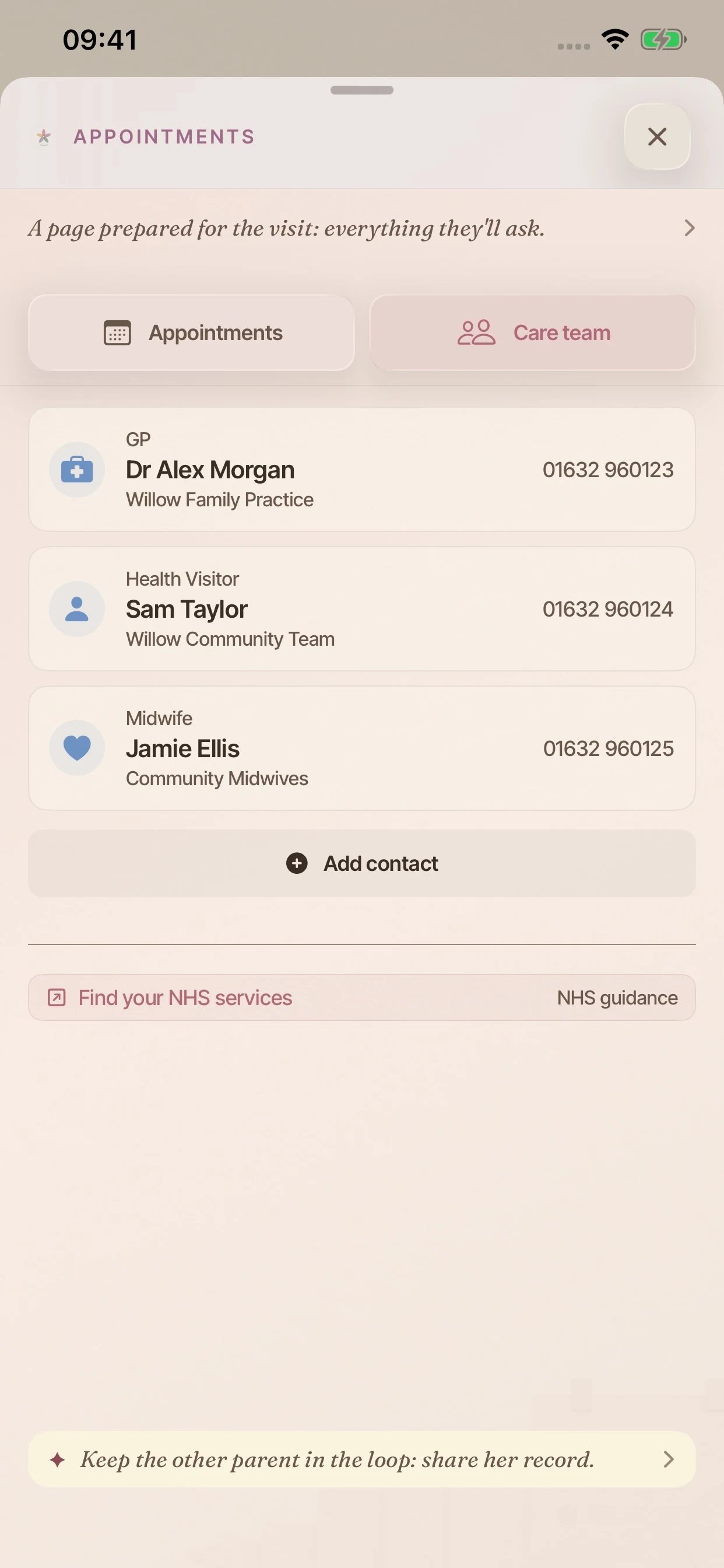 The care team page, listing the people who look after the child with their contact details.