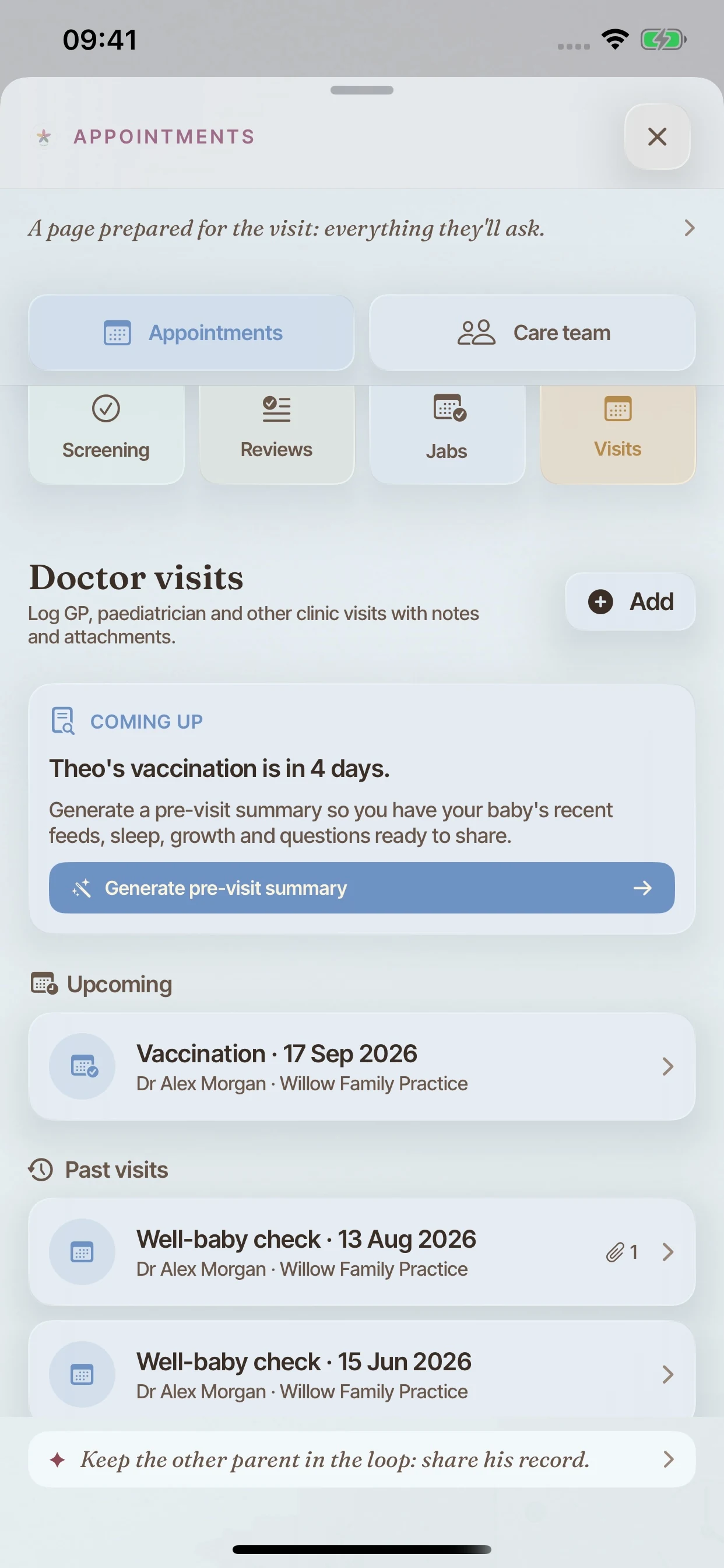 The BloomBook Doctor visits page on iPhone, with a Generate pre-visit summary button and appointment records.