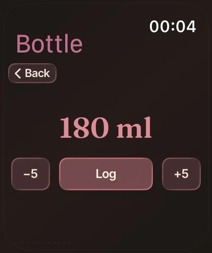 The Apple Watch bottle logger set to 180 ml, with minus, Log and plus controls.