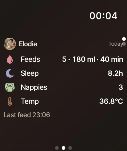The watch app showing today&rsquo;s feeds, sleep and nappies at a glance.